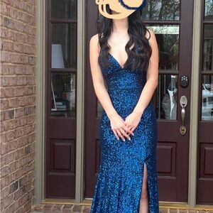 Sherri Hill Blue Sequin Prom Dress